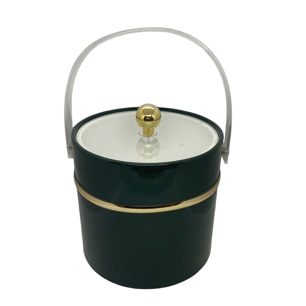 Midcentury Modern Style Ice Bucket Green Gold Band Clear Plastic Lid Handle